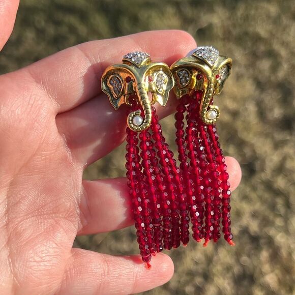 Gold Elephant Head Earrings with Red Bead Tassels - Picture 12 of 15
